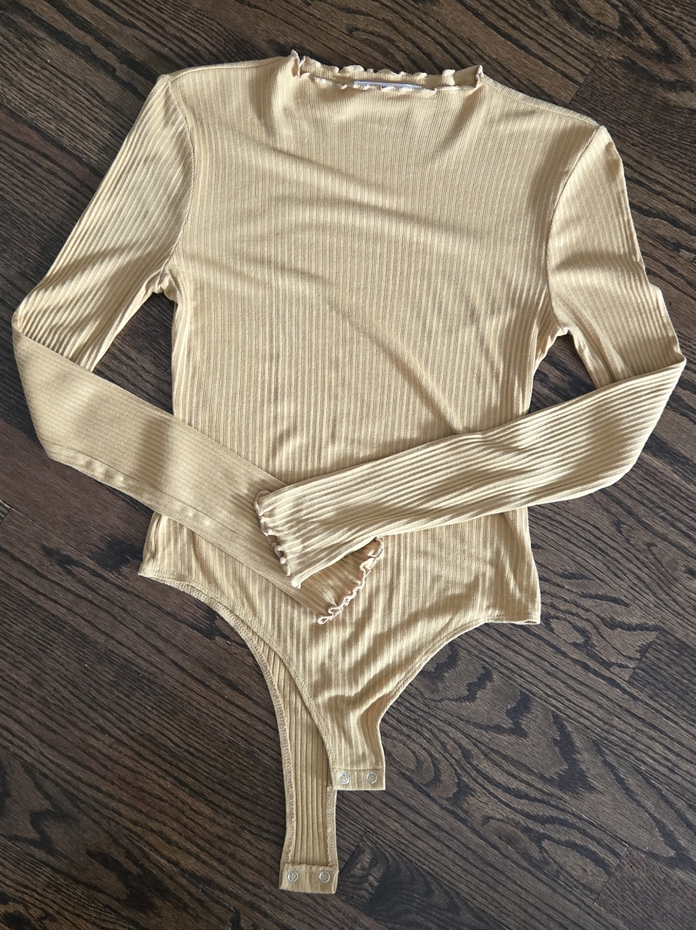 Double Zero Ribbed Bodysuit | Size S | Mustard Lettuce Edge Long Sleeve